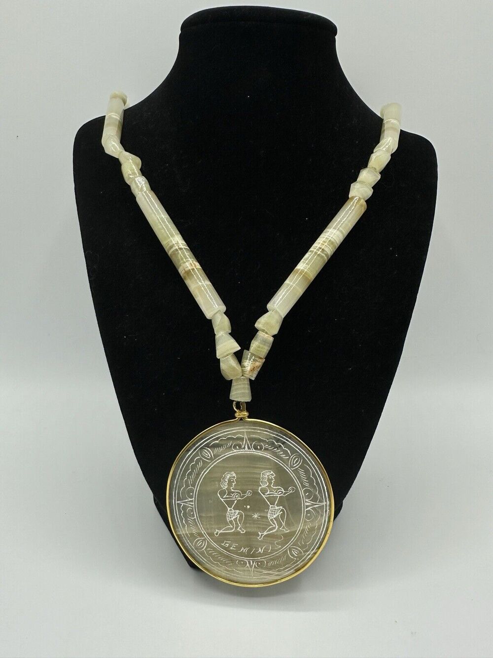 ✨ Vintage Carved Etched Green Onyx Gemini Zodiac Medallion Necklace ✨